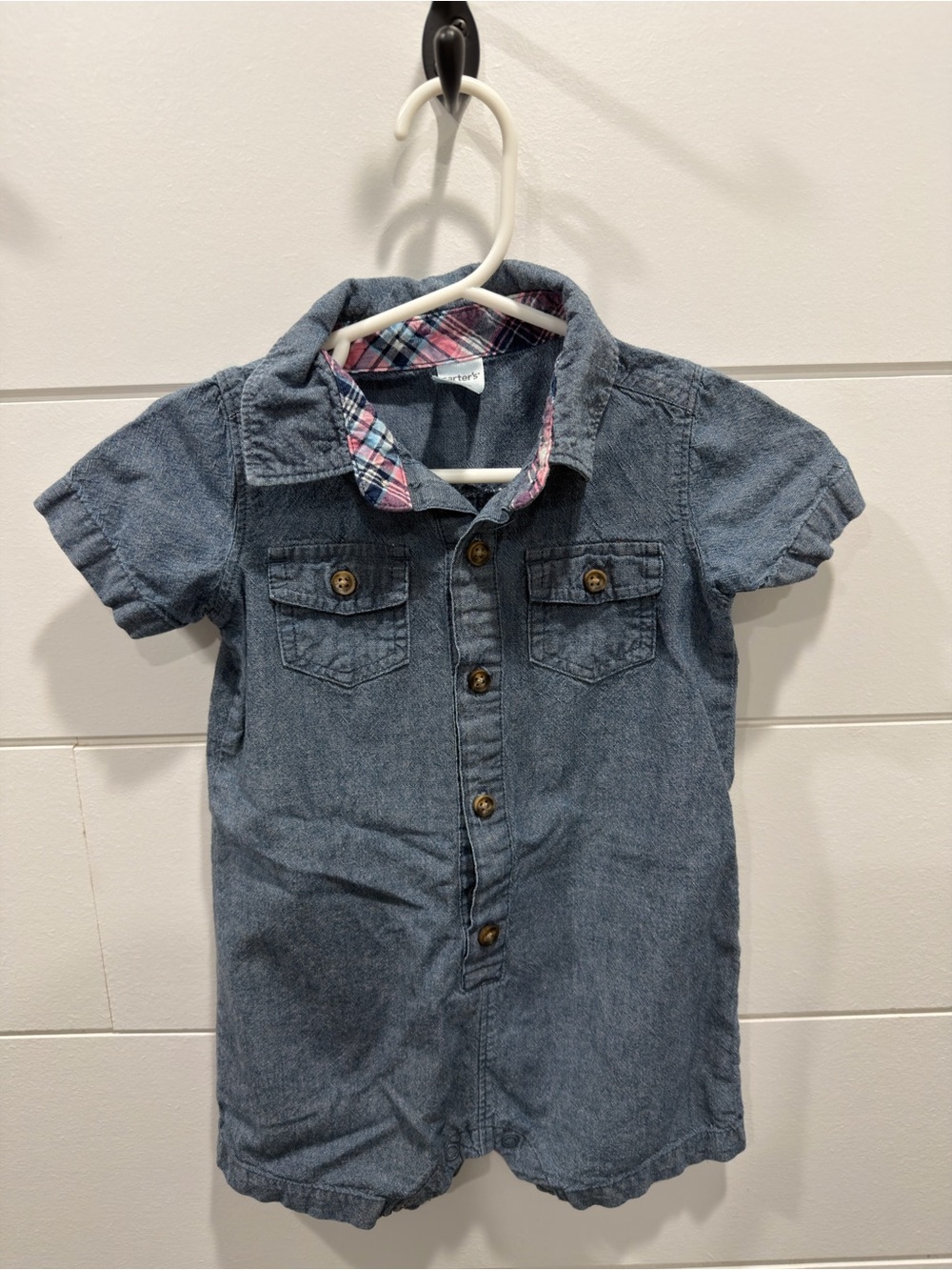 Carter's Denim Short-Sleeve Button-Front Romper with Plaid Trim